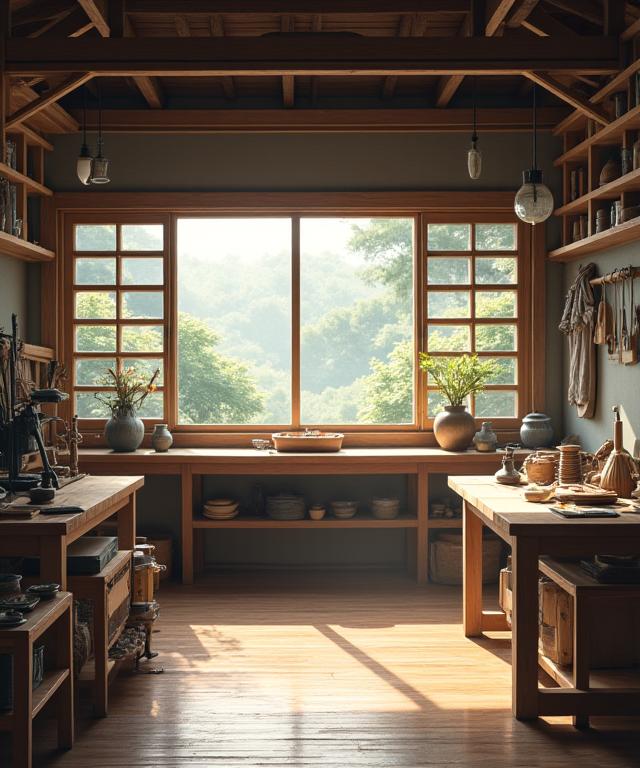 朝日が差し込む静かで整理された工房の風景