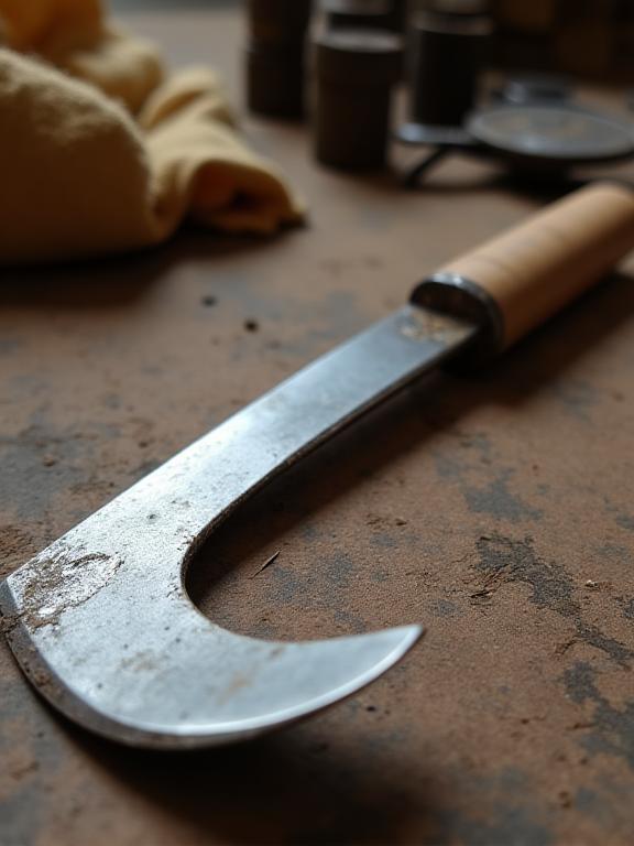 錆を落とし、新しい柄を取り付けられ蘇った古い鎌