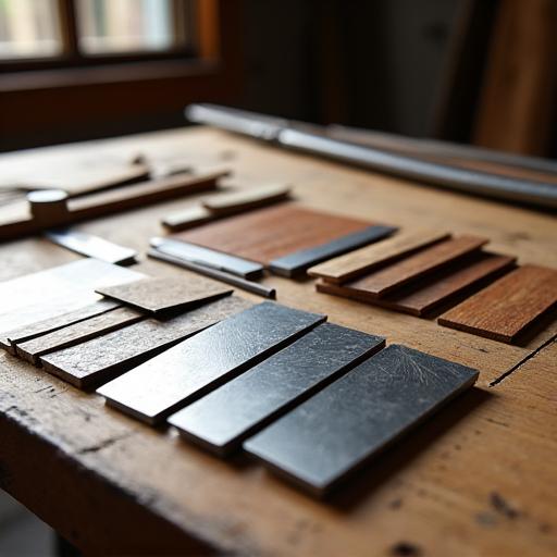 様々な種類の鋼材と木材が並べられた作業台