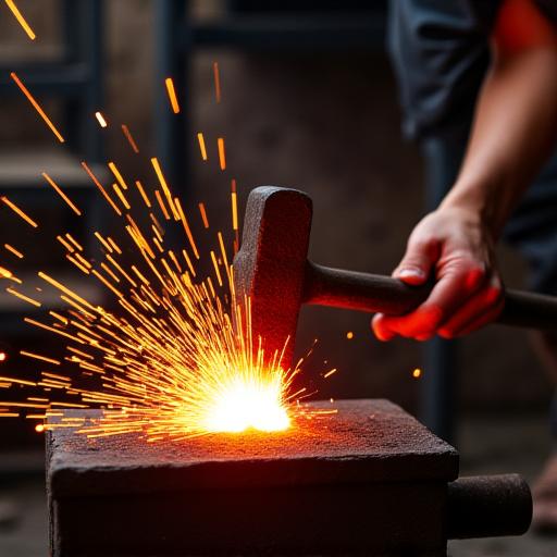 火花を散らしながらハンマーで鋼を鍛える鍛冶職人